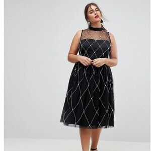 Asos High Neck Pearl Embellished Mesh Midi Dress Women's Size 22